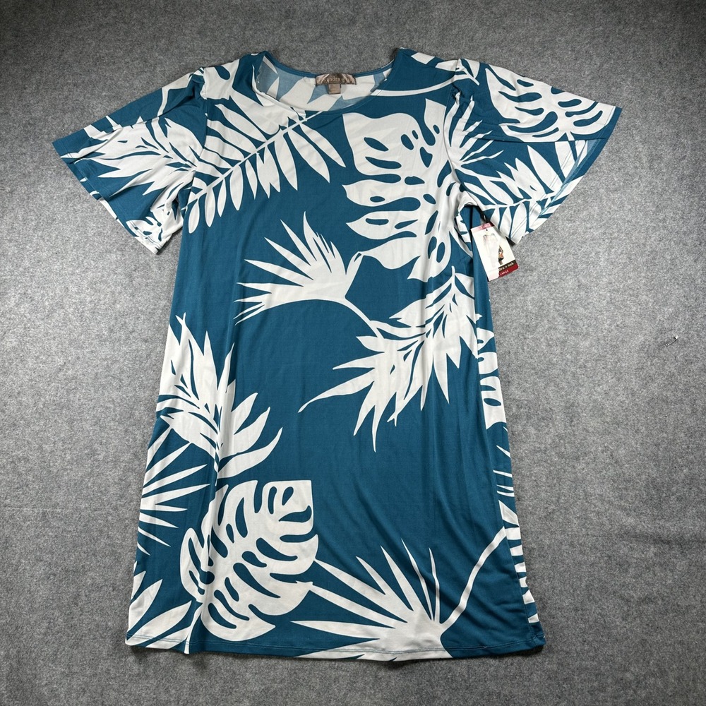Alexandra + Oak Tropical Palm Leaf Print Dress XL Teal White Flutter Sleeve